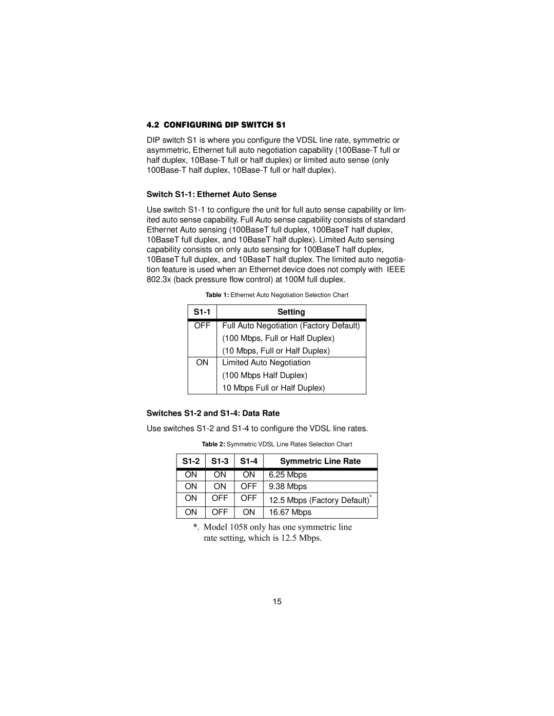 Patton electronic 1068 user manual Configuring DIP Switch S1, Switch S1-1 Ethernet Auto Sense, S1-1 Setting 