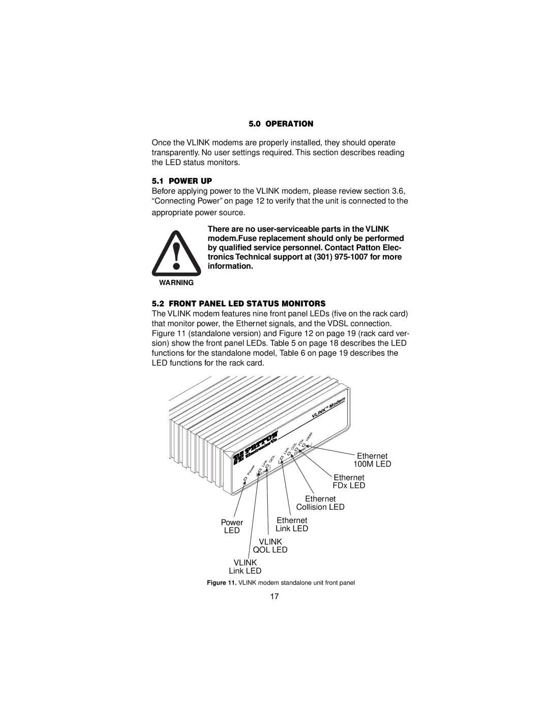 Patton electronic 1068 user manual Operation, Power UP, Front Panel LED Status Monitors 