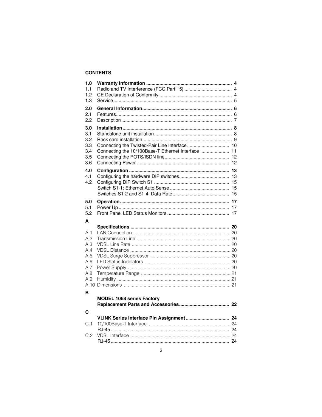 Patton electronic 1068 user manual Contents 