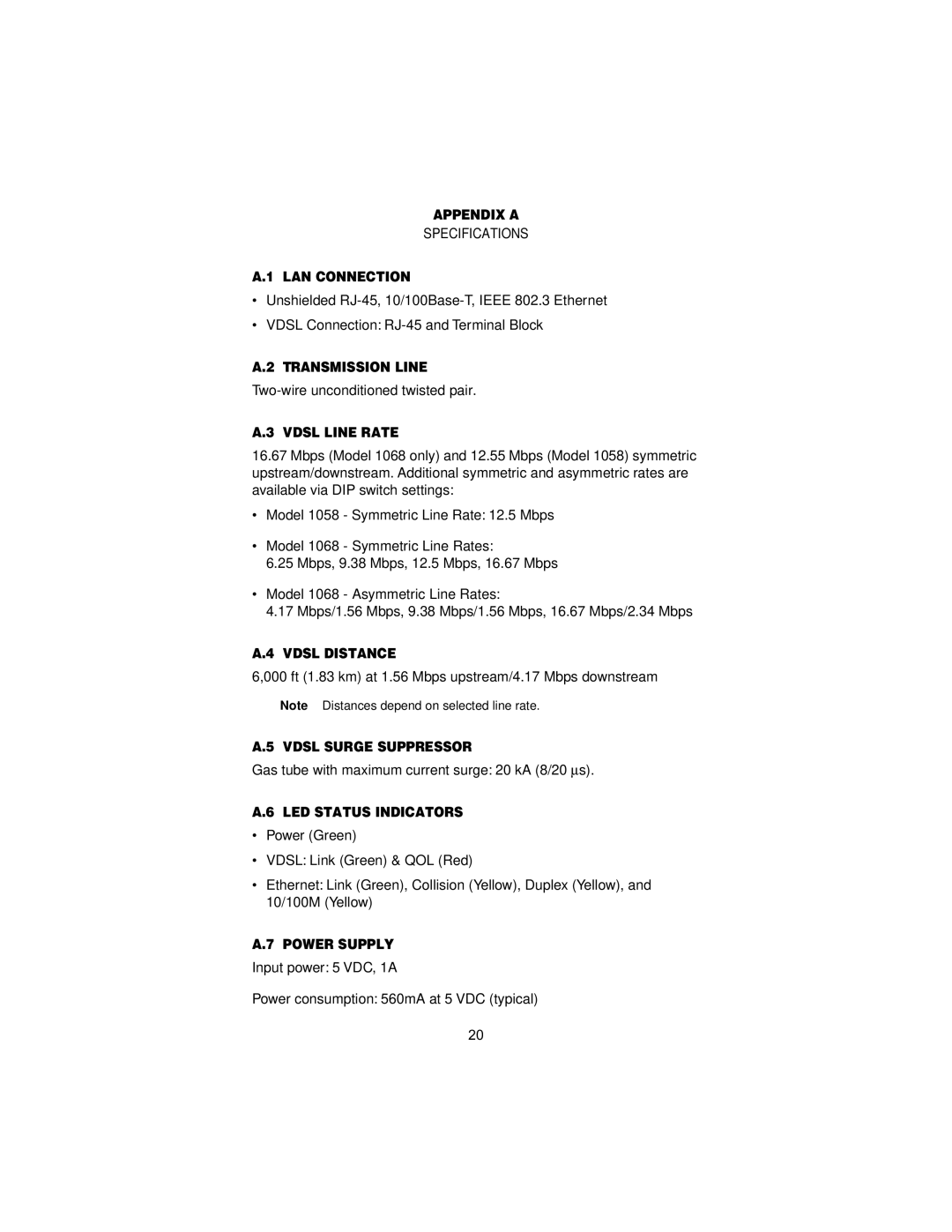 Patton electronic 1068 Appendix a, LAN Connection, Transmission Line, Vdsl Line Rate, Vdsl Distance, Vdsl Surge Suppressor 