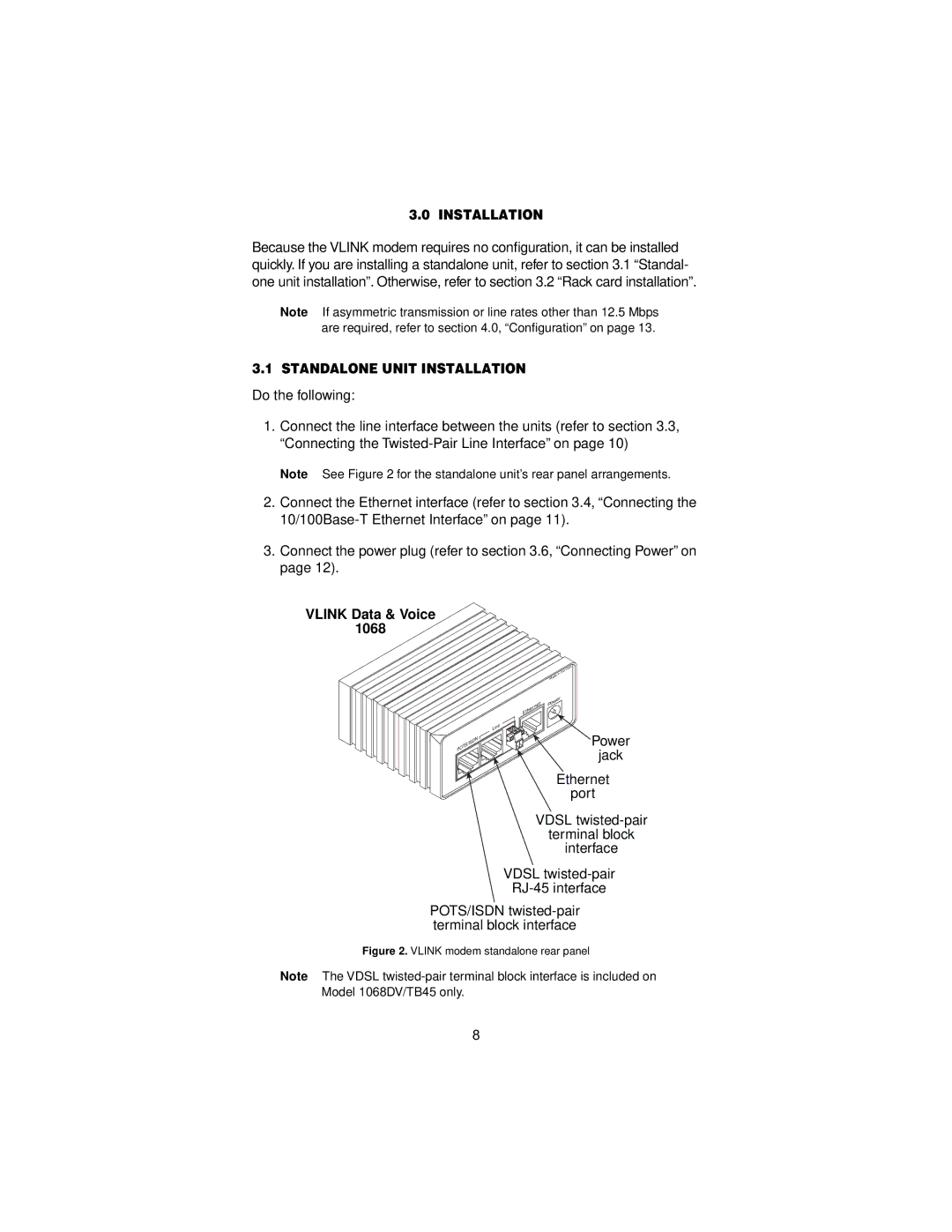 Patton electronic user manual Standalone Unit Installation, Vlink Data & Voice 1068 