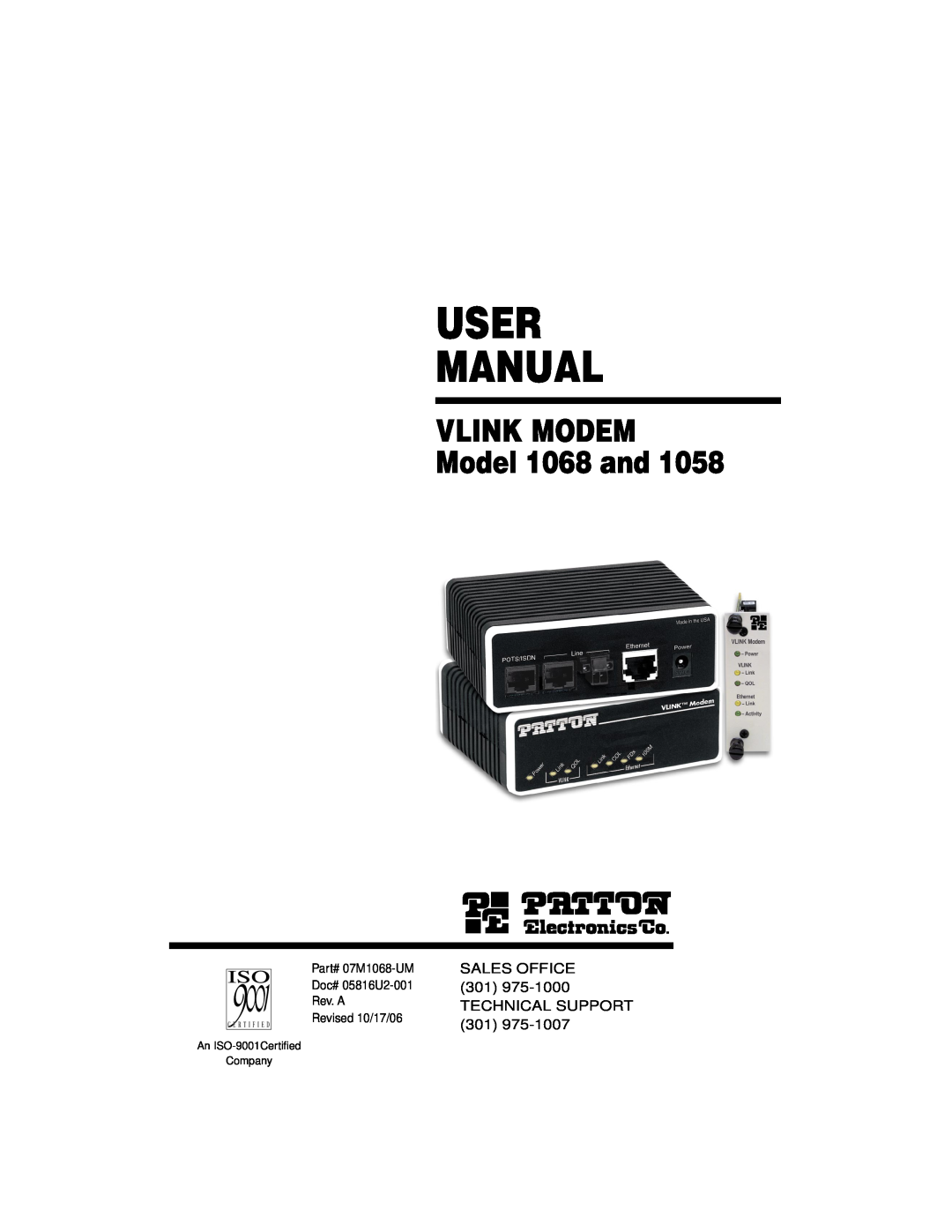 Patton electronic user manual User Manual, VLINK MODEM Model 1068 and, An ISO-9001Certiﬁed Company 