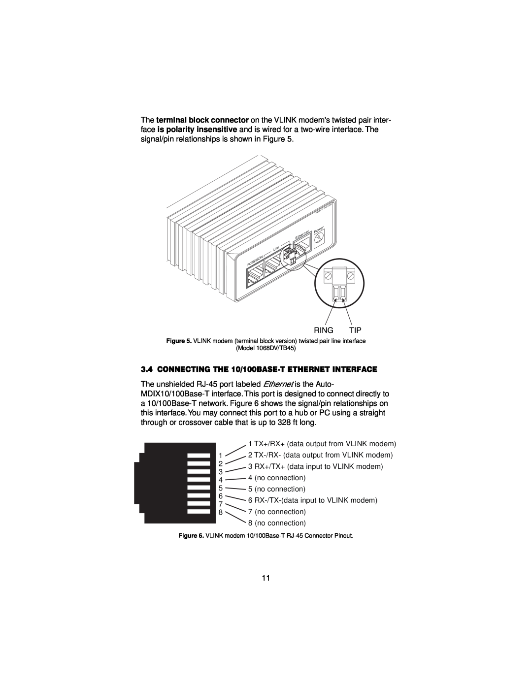 Patton electronic 1068 user manual CONNECTING THE 10/100BASE-T ETHERNET INTERFACE, 1 TX+/RX+ data output from VLINK modem 