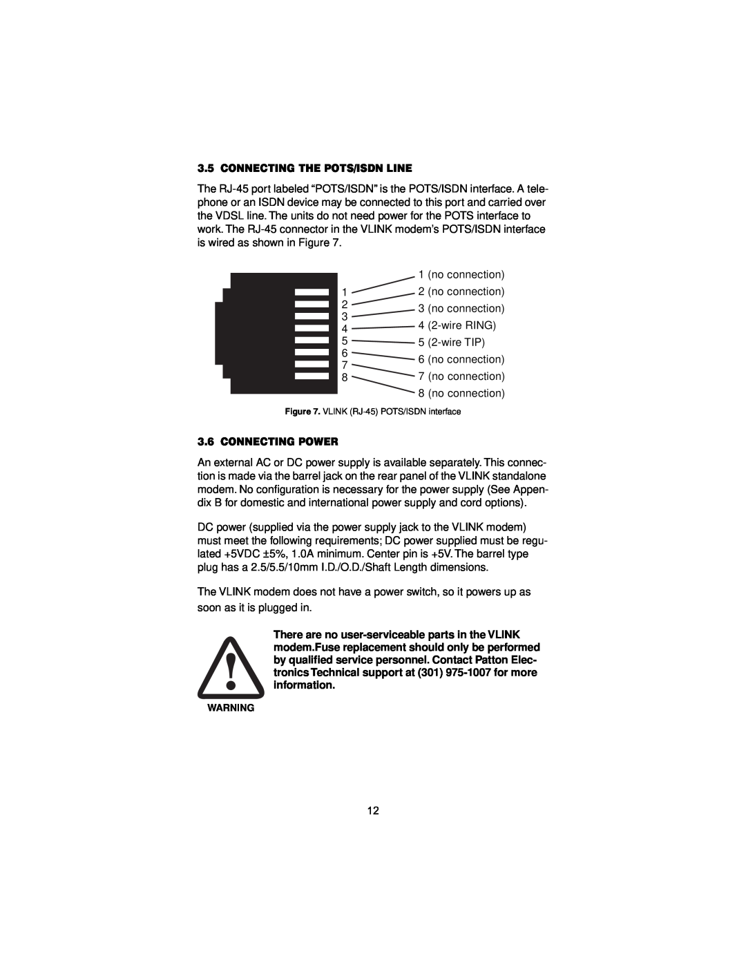 Patton electronic 1068 user manual Connecting The Pots/Isdn Line, Connecting Power, VLINK RJ-45 POTS/ISDN interface 