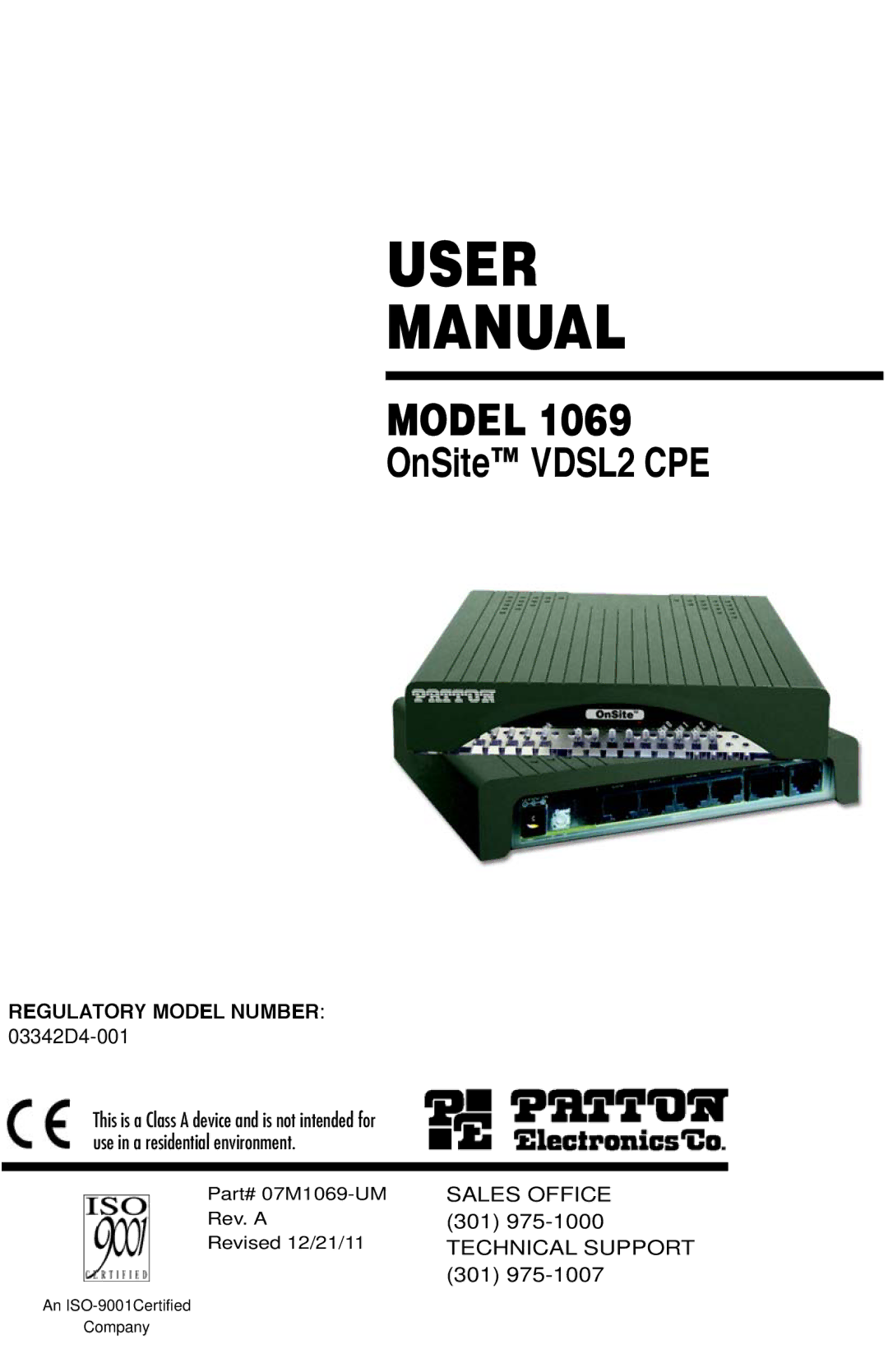 Patton electronic 1069 user manual User Manual, Regulatory Model Number 03342D4-001 