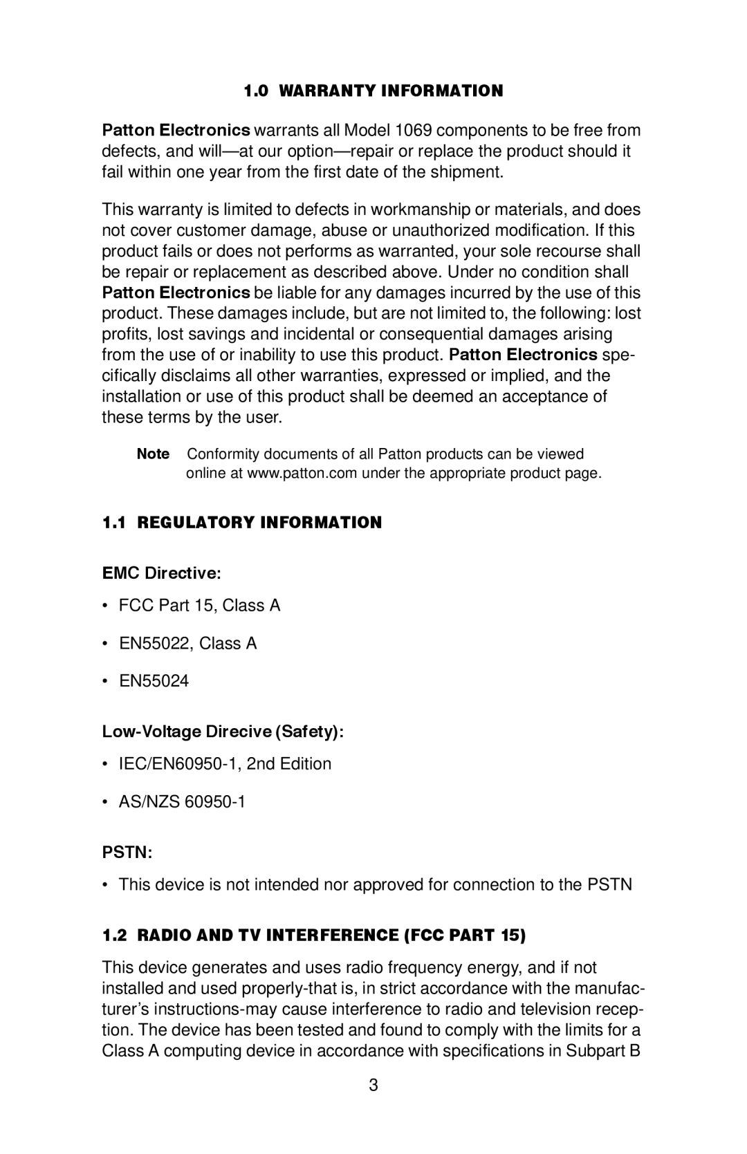 Patton electronic 1069 user manual Warranty Information, Regulatory Information, Pstn, Radio and TV Interference FCC Part 