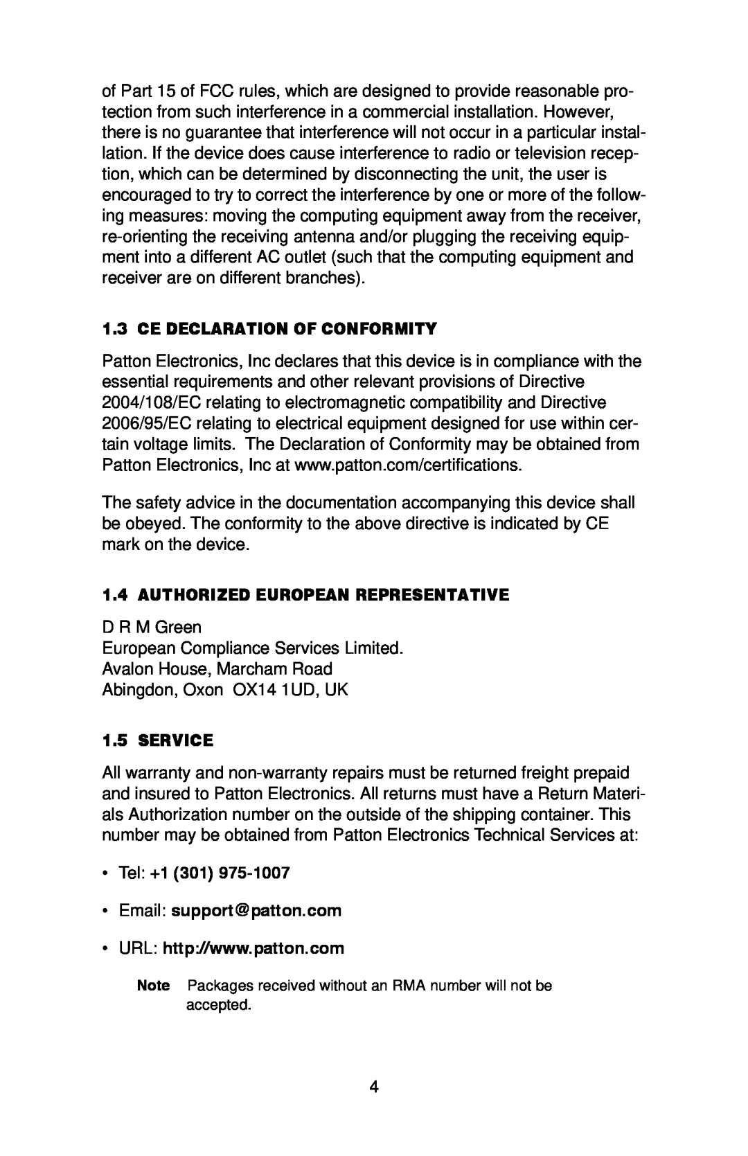 Patton electronic 1069 user manual Ce Declaration Of Conformity, Authorized European Representative, Service 