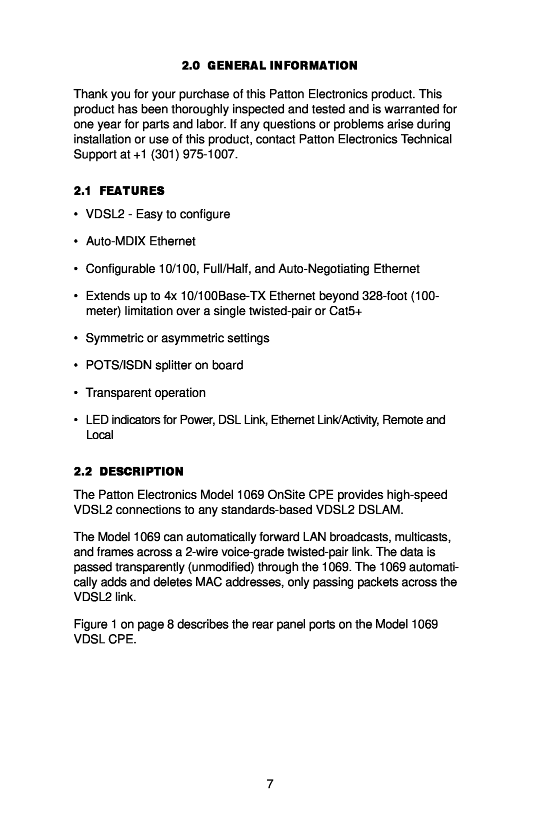 Patton electronic 1069 user manual General Information, Features, Description 