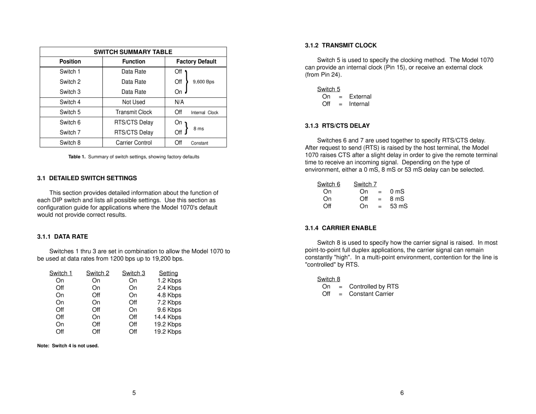 Patton electronic 1070 Switch Summary Table, Detailed Switch Settings, Data Rate, Transmit Clock, 3 RTS/CTS Delay 