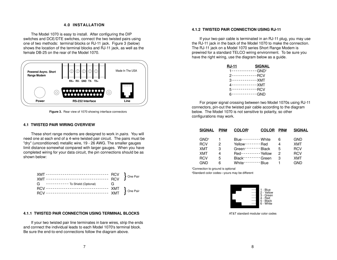 Patton electronic 1070 Installation, Twisted Pair Wiring Overview, Twisted Pair Connection Using Terminal Blocks 