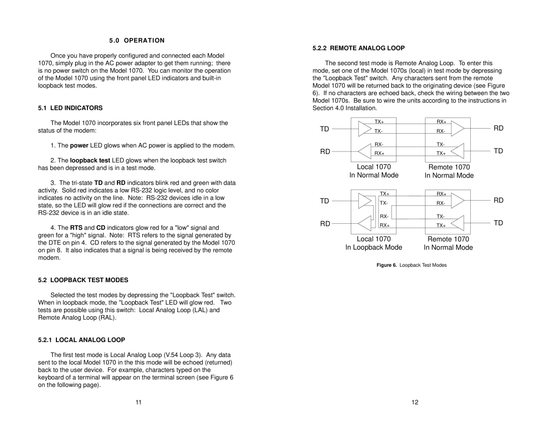 Patton electronic 1070 user manual Operation, LED Indicators, Loopback Test Modes, Local Analog Loop, Remote Analog Loop 