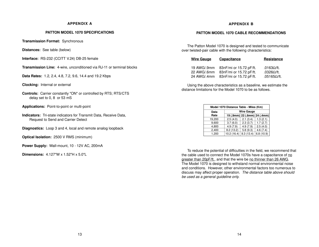 Patton electronic Appendix a Patton Model 1070 Specifications, Appendix B Patton Model 1070 Cable Recommendations 