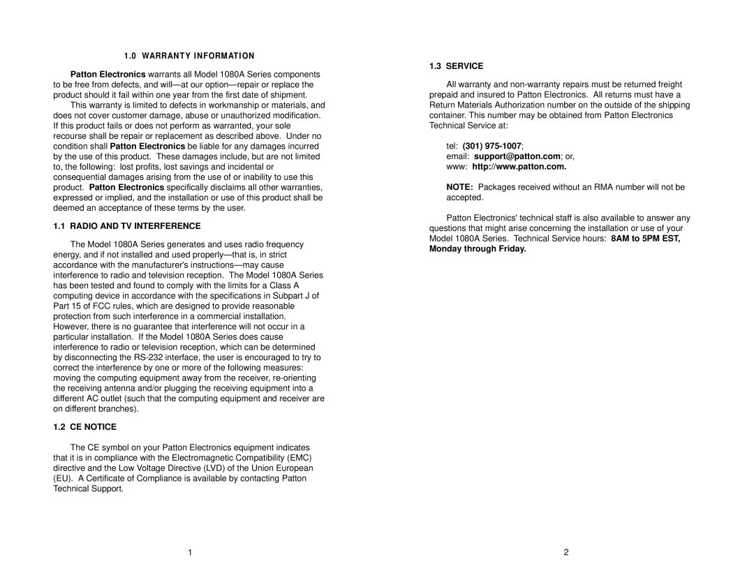 Patton electronic 1080A-64 user manual Radio and TV Interference, CE Notice, Service, Tel 301, Monday through Friday 