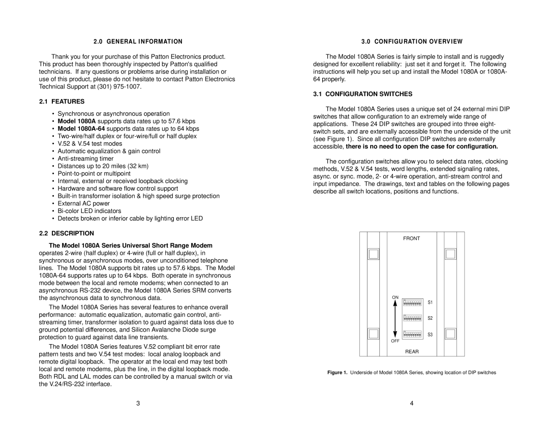 Patton electronic 1080A-64 user manual Features, Description, Configuration Switches 