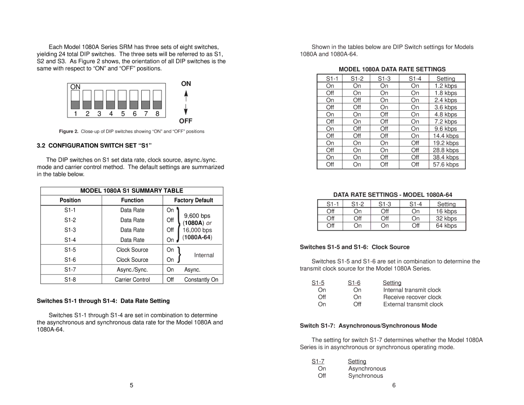 Patton electronic 1080A-64 Configuration Switch SET S1, Model 1080A S1 Summary Table, Model 1080A Data Rate Settings 