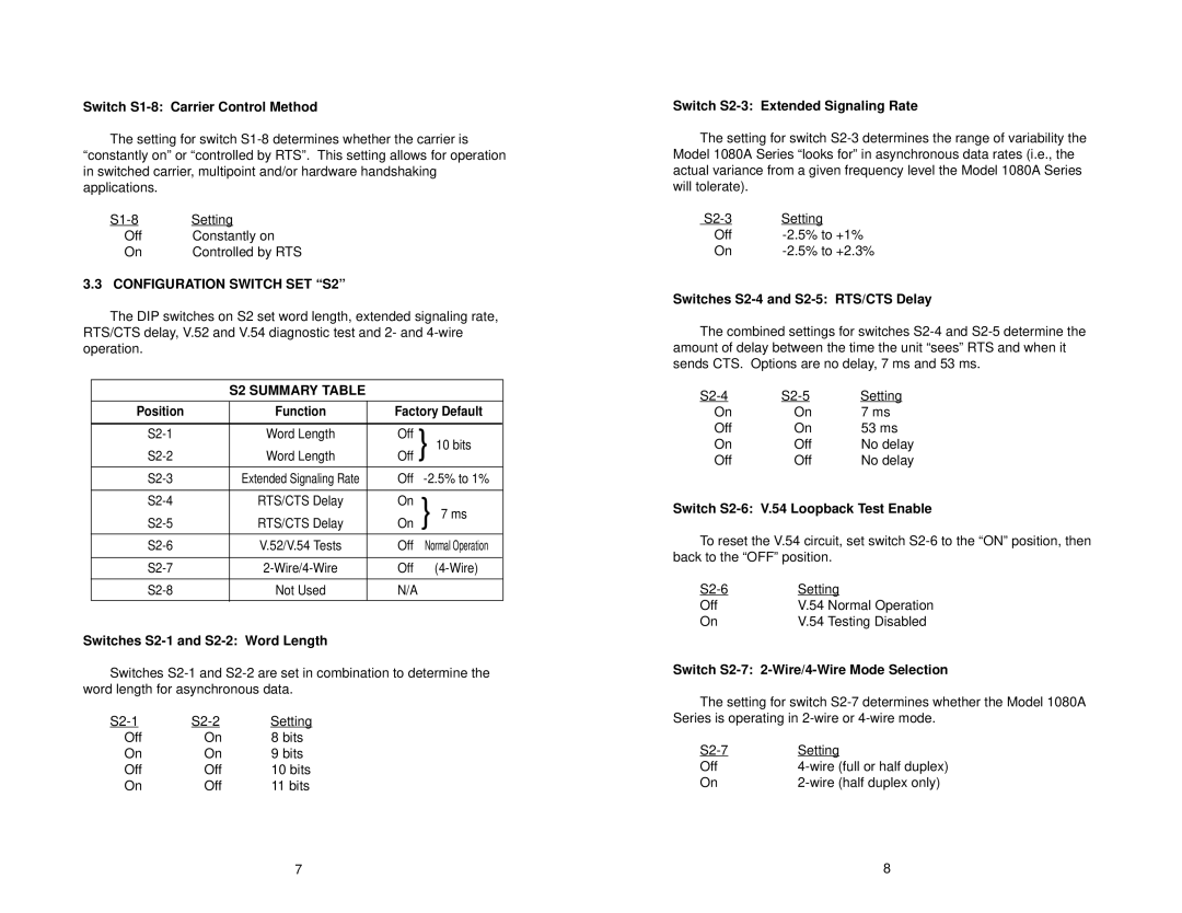 Patton electronic 1080A-64 user manual Configuration Switch SET S2, S2 Summary Table 