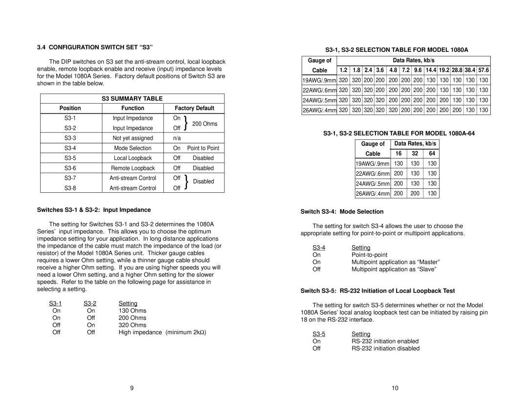 Patton electronic 1080A-64 Configuration Switch SET S3, S3 Summary Table, S3-1, S3-2 Selection Table for Model 1080A 