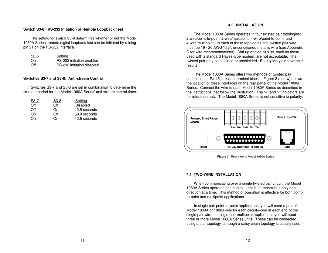 Patton electronic 1080A Switch S3-6 RS-232 Initiation of Remote Loopback Test, Switches S3-7 and S3-8 Anti-stream Control 