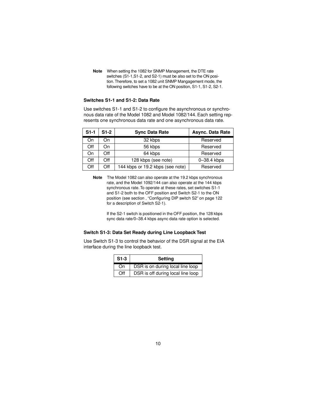 Patton electronic 1082/144 Switches S1-1 and S1-2 Data Rate, S1-1 S1-2 Sync Data Rate Async. Data Rate, S1-3 Setting 