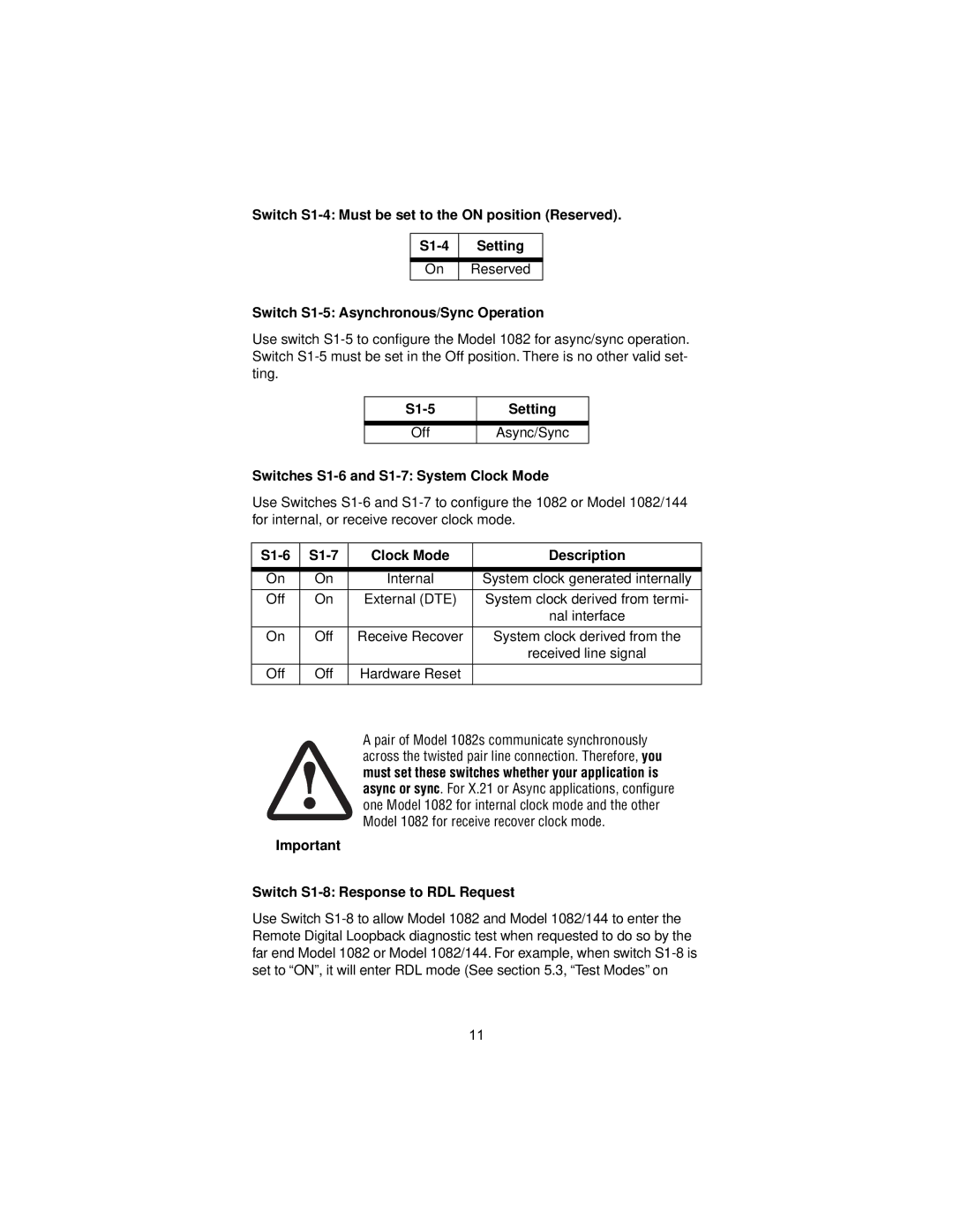 Patton electronic 1082/144 user manual Switch S1-4 Must be set to the on position Reserved Setting, S1-5 Setting 