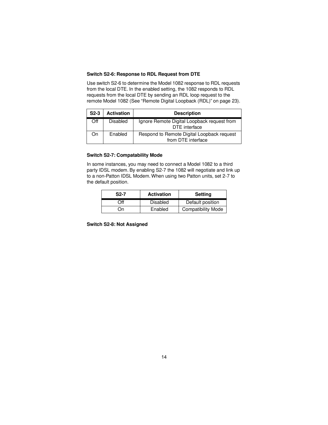 Patton electronic 1082/144 user manual Switch S2-6 Response to RDL Request from DTE, Switch S2-7 Compatability Mode 