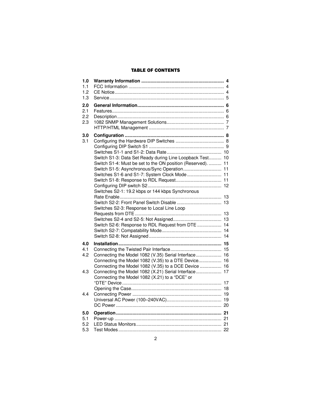 Patton electronic 1082/144 user manual Table of Contents 