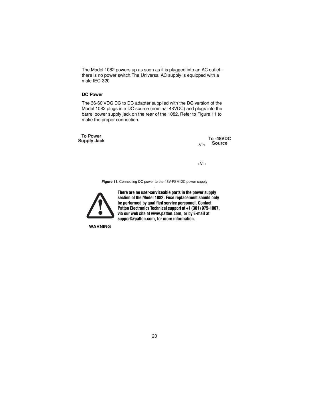 Patton electronic 1082/144 user manual DC Power, To Power Supply JackTo -48VDC VinSource 