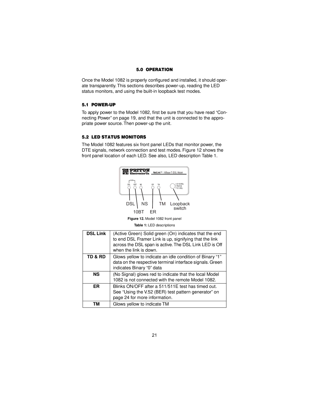 Patton electronic 1082/144 user manual Operation, Power-Up, LED Status Monitors, DSL Link, Td & Rd 