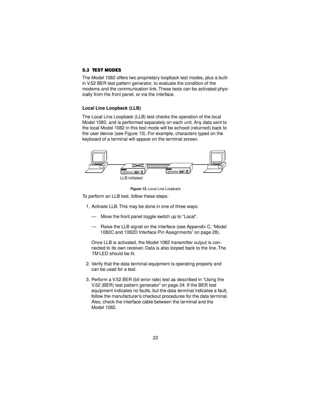 Patton electronic 1082/144 user manual Test Modes, Local Line Loopback LLB 