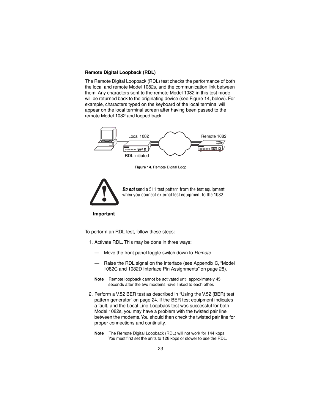 Patton electronic 1082/144 user manual Remote Digital Loopback RDL, Local Remote RDL initiated 