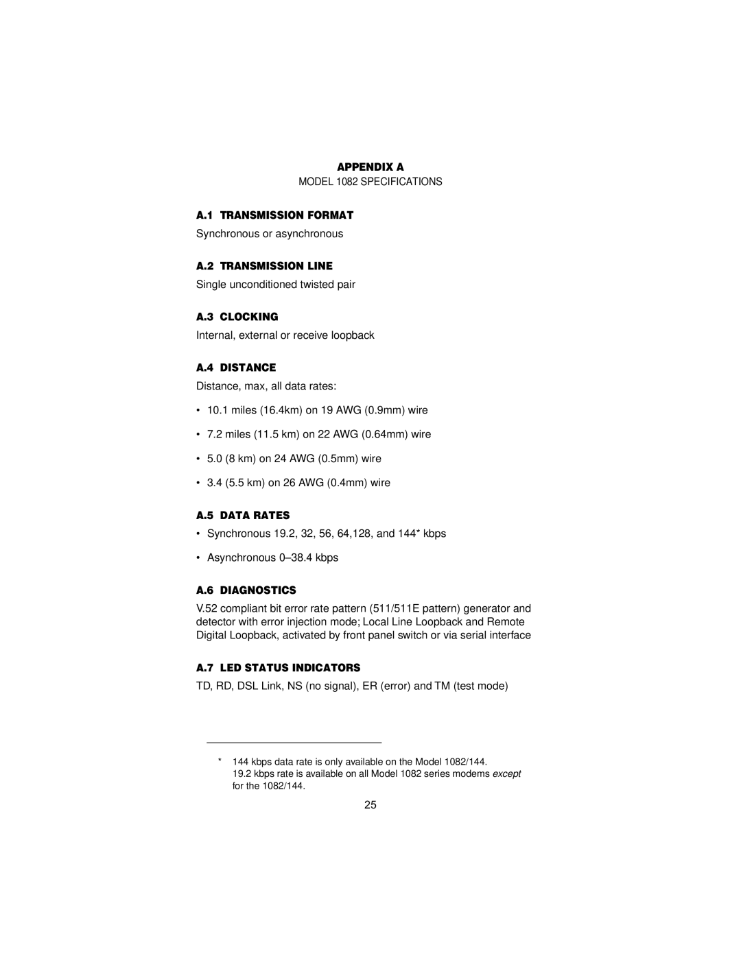 Patton electronic 1082/144 Appendix a, Transmission Format, Transmission Line, Clocking, Distance, Data Rates, Diagnostics 