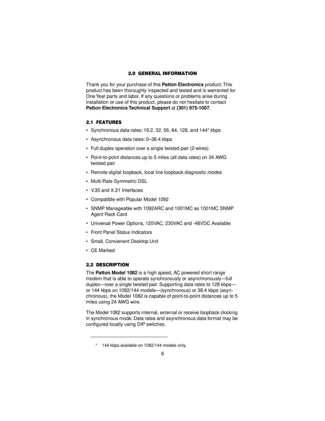 Patton electronic 1082/144 user manual General Information, Features, Description 