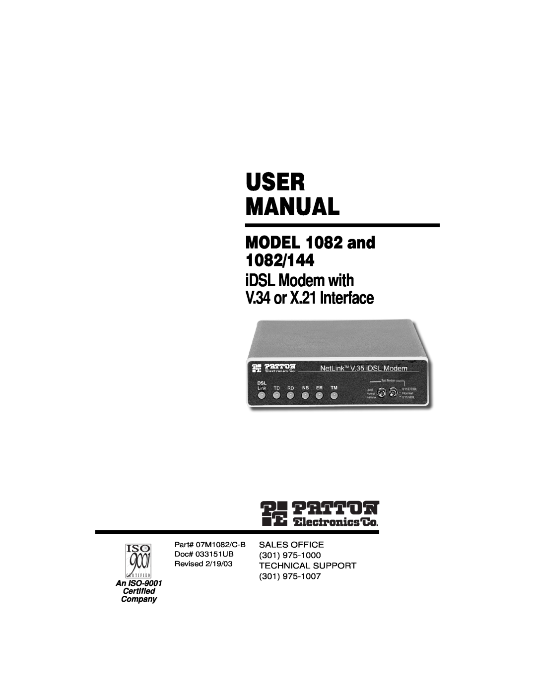 Patton electronic user manual User Manual, MODEL 1082 and 1082/144, iDSL Modem with V.34 or X.21 Interface 