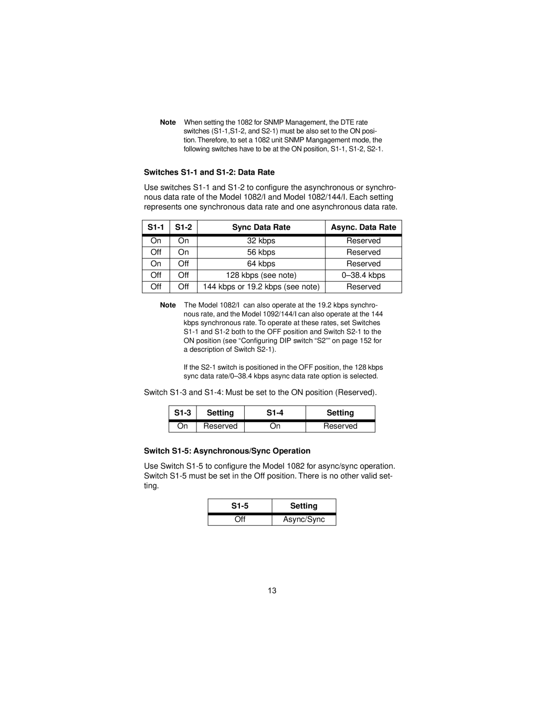 Patton electronic 1082, 144, I Switches S1-1 and S1-2 Data Rate, S1-1 S1-2 Sync Data Rate Async. Data Rate, S1-5 Setting 