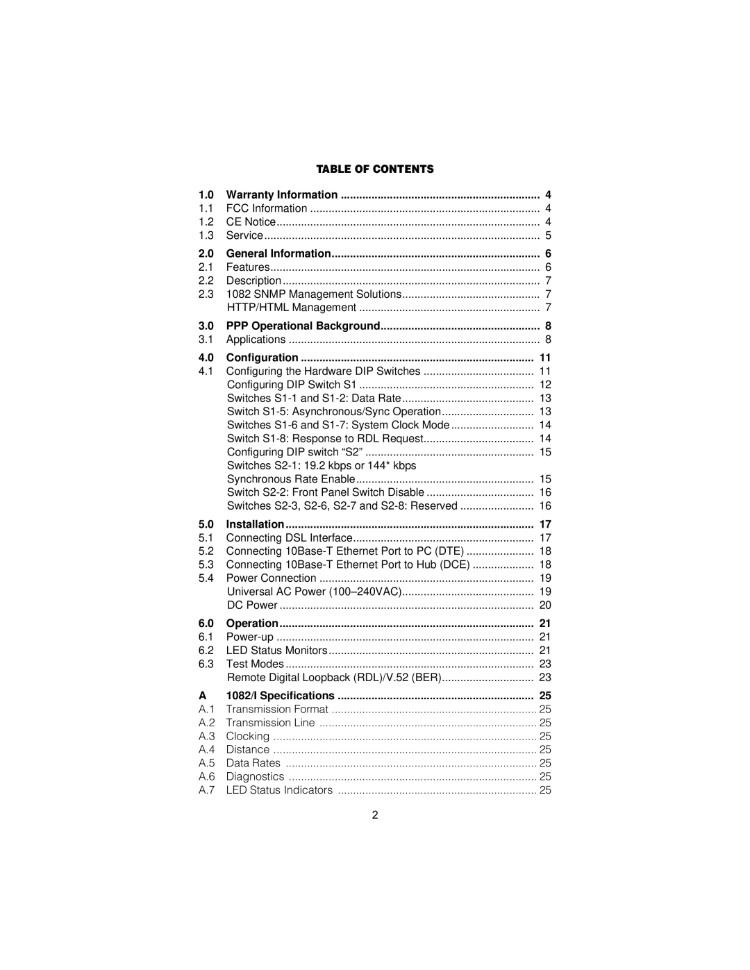 Patton electronic 1082, 144, I user manual Table of Contents 