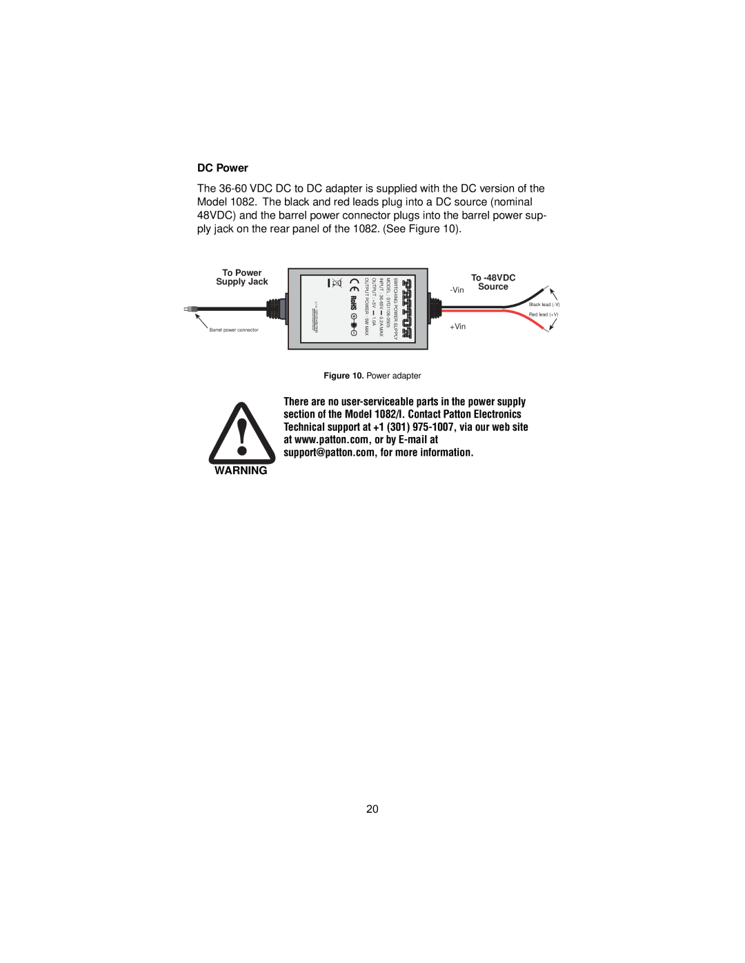 Patton electronic 1082, 144, I user manual DC Power, To Power Supply Jack 