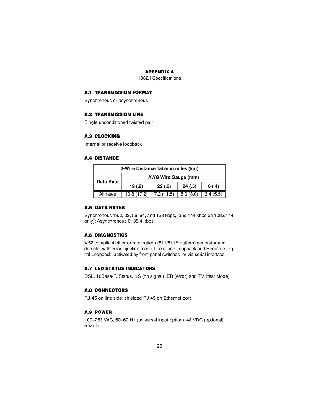 Patton electronic 1082, 144, I Appendix a, Transmission Format, Transmission Line, Clocking, Distance, Data Rates, Power 