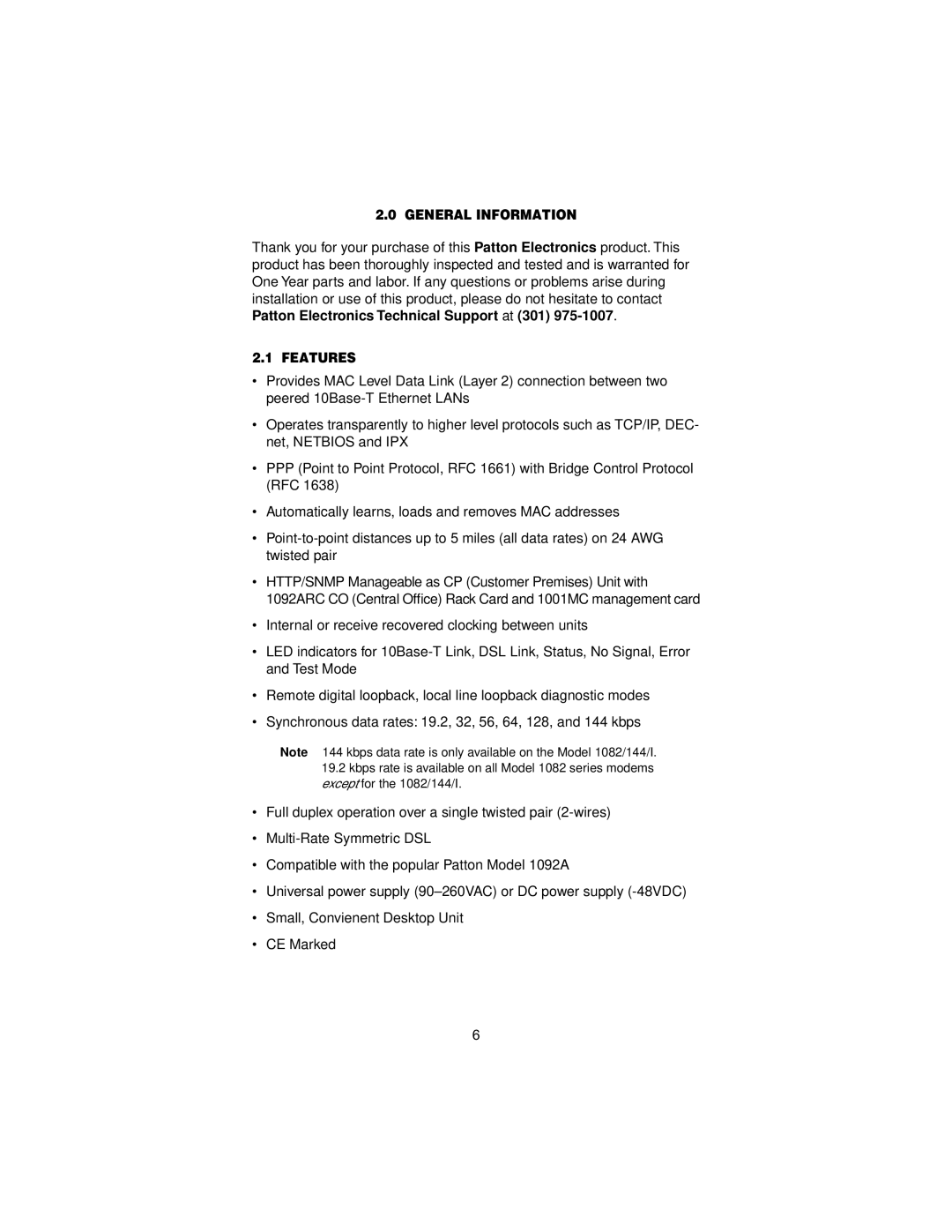 Patton electronic 1082, 144, I user manual General Information, Features 