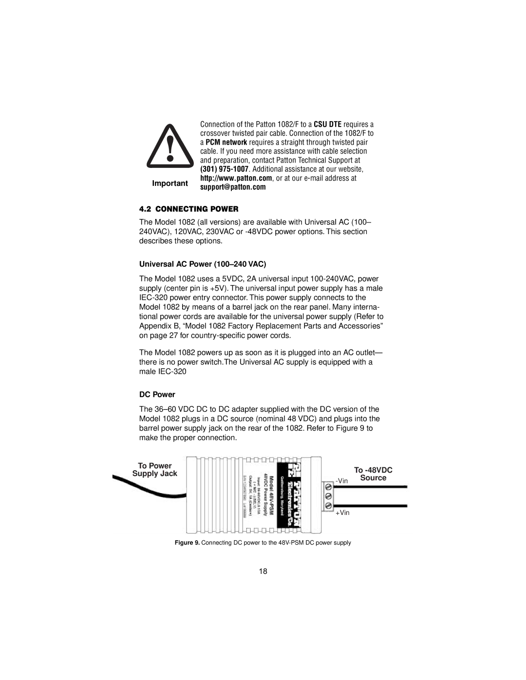 Patton electronic 1082/F Important support@patton.com, Connecting Power, Universal AC Power 100-240 VAC, DC Power 