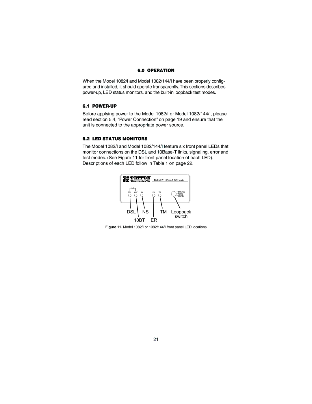 Patton electronic 1082/I user manual Operation, Power-Up, LED Status Monitors 