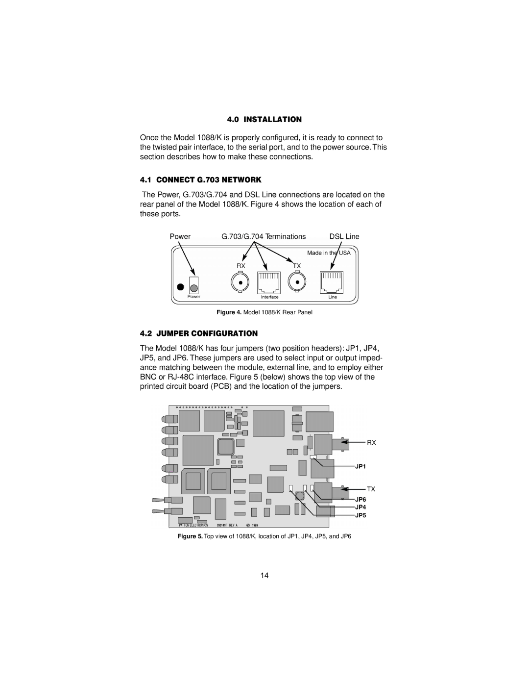 Patton electronic 1088/K user manual Connect G.703 Network, Jumper Configuration 