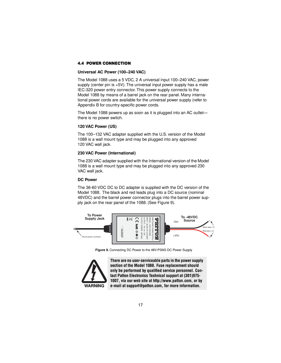 Patton electronic 1088/K Power Connection, Universal AC Power 100-240 VAC, VAC Power US, VAC Power International, DC Power 