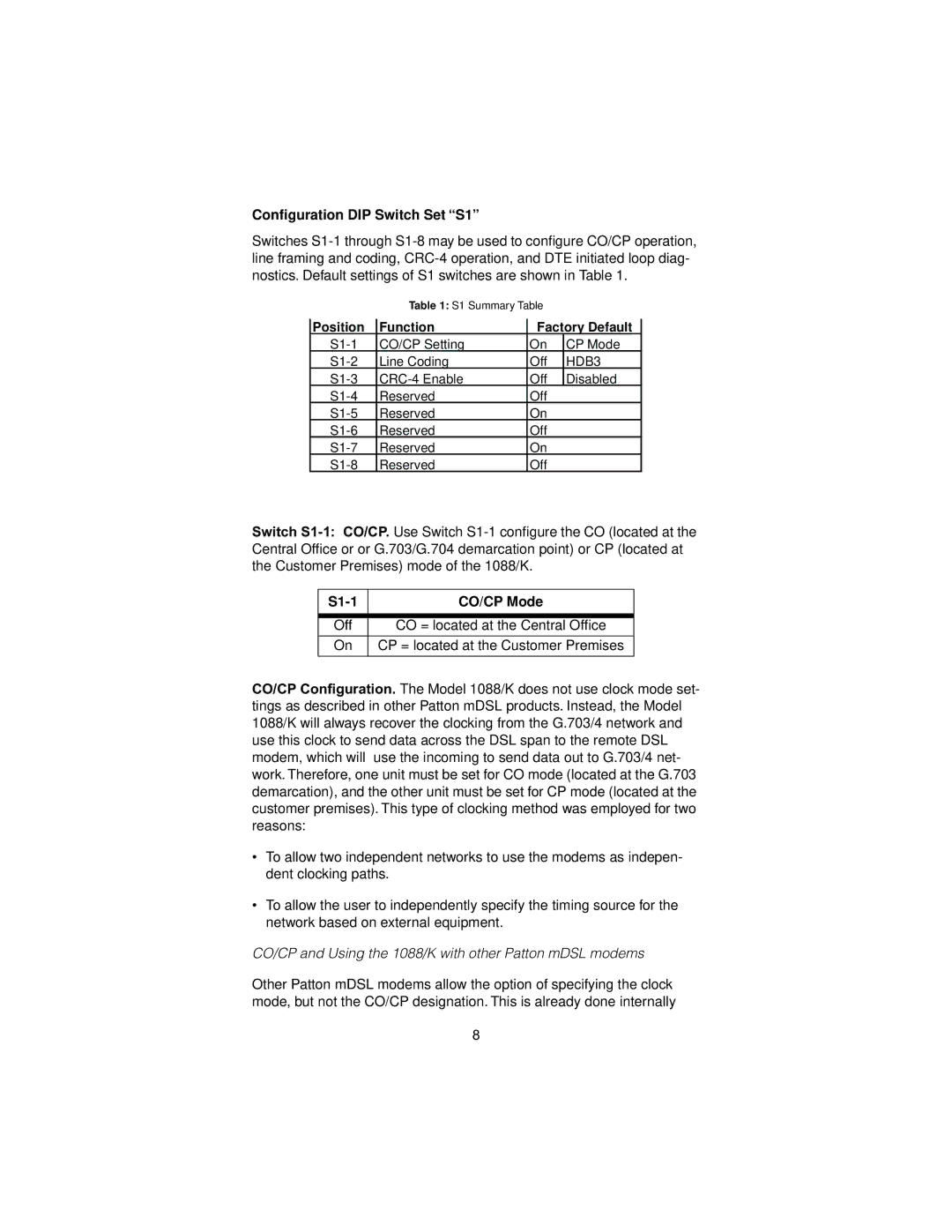 Patton electronic 1088/K user manual Conﬁguration DIP Switch Set S1, S1-1 CO/CP Mode 