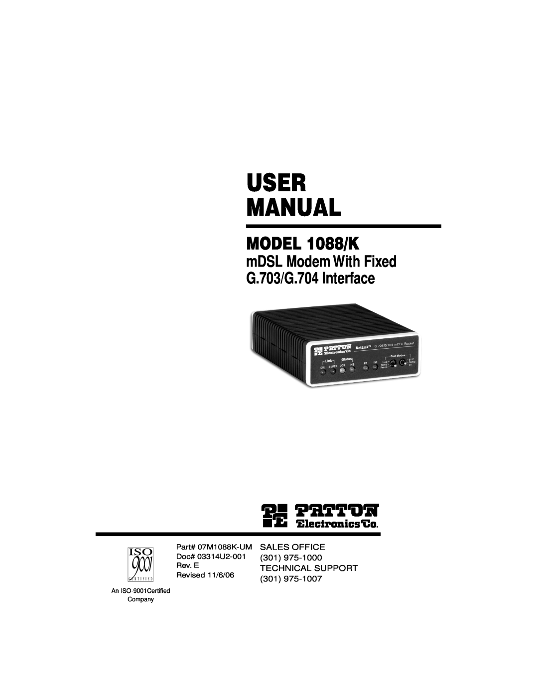 Patton electronic user manual MODEL 1088/K, mDSL Modem With Fixed G.703/G.704 Interface, An ISO-9001Certiﬁed Company 