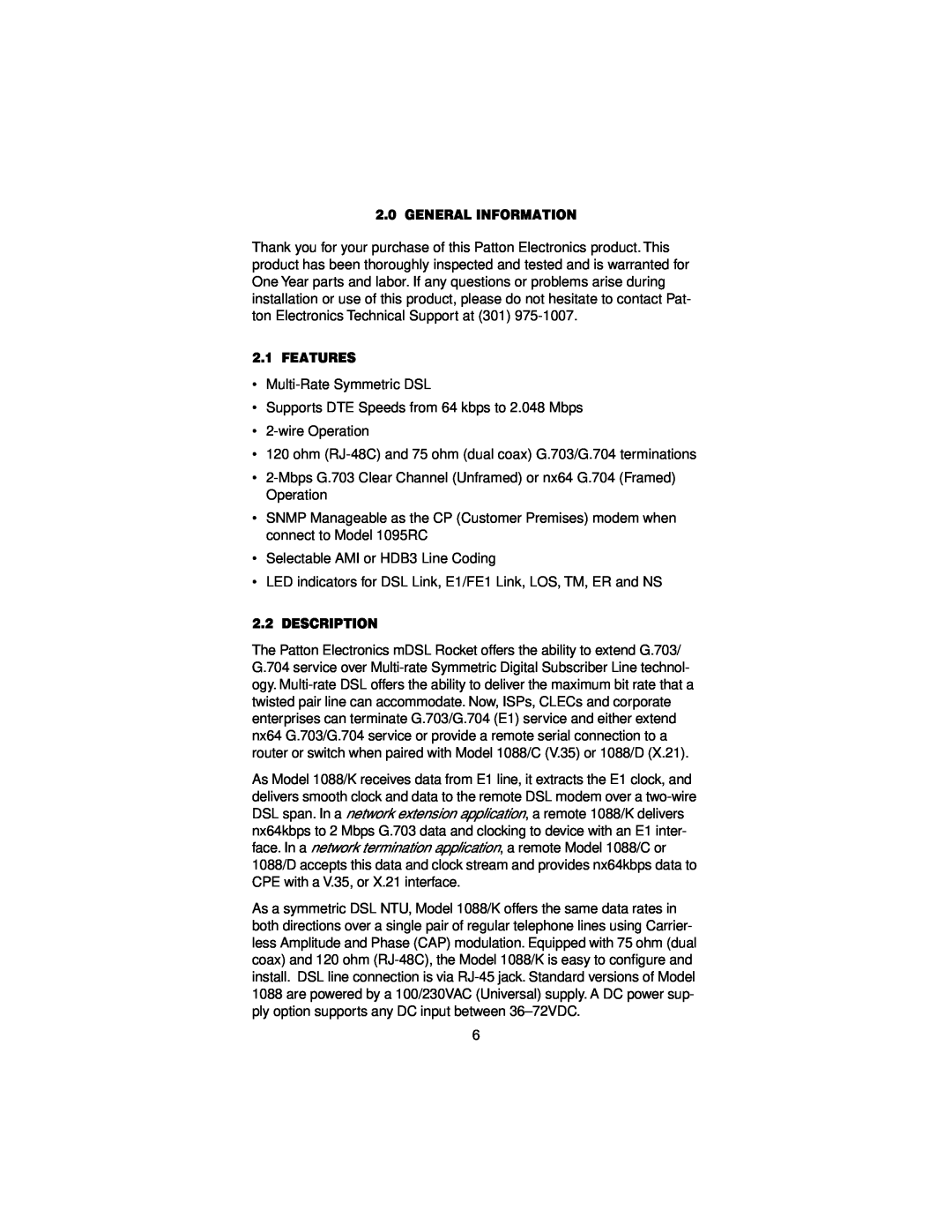 Patton electronic 1088/K user manual General Information, Features, Description 