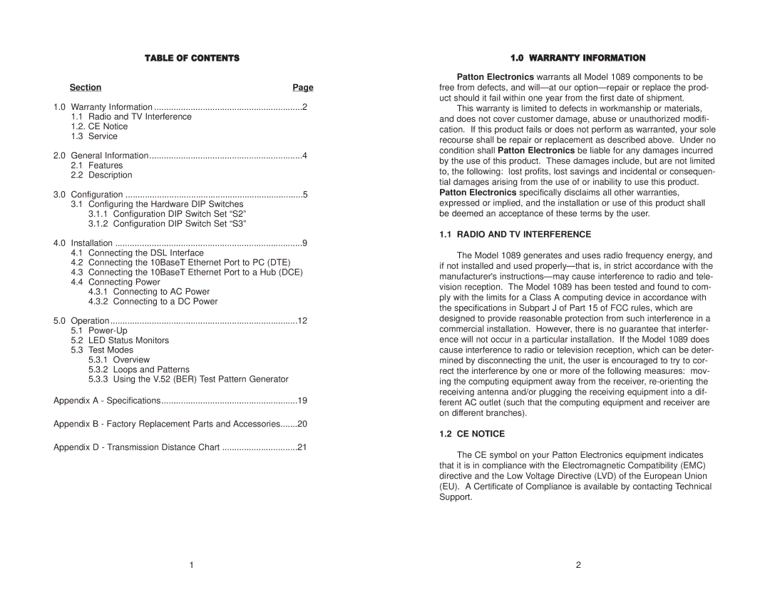 Patton electronic 1089/I user manual Section, Radio and TV Interference, CE Notice 