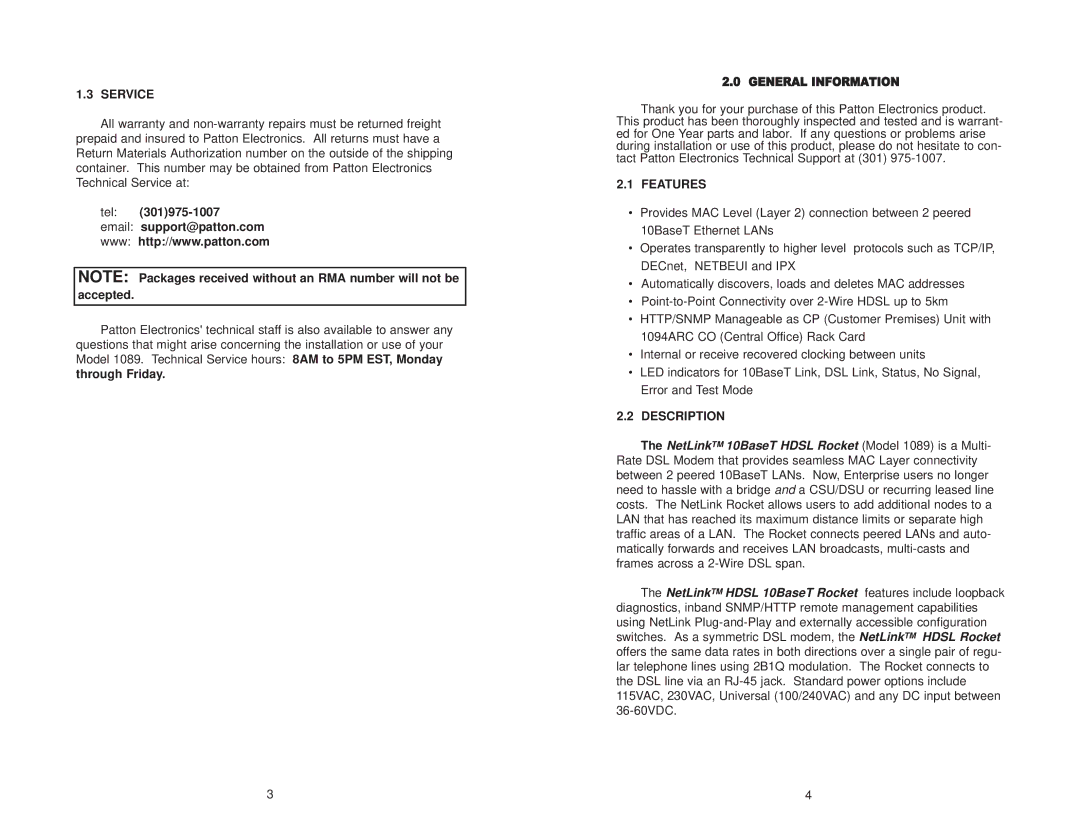 Patton electronic 1089/I user manual Service, Tel Email support@patton.com, Features, Description 