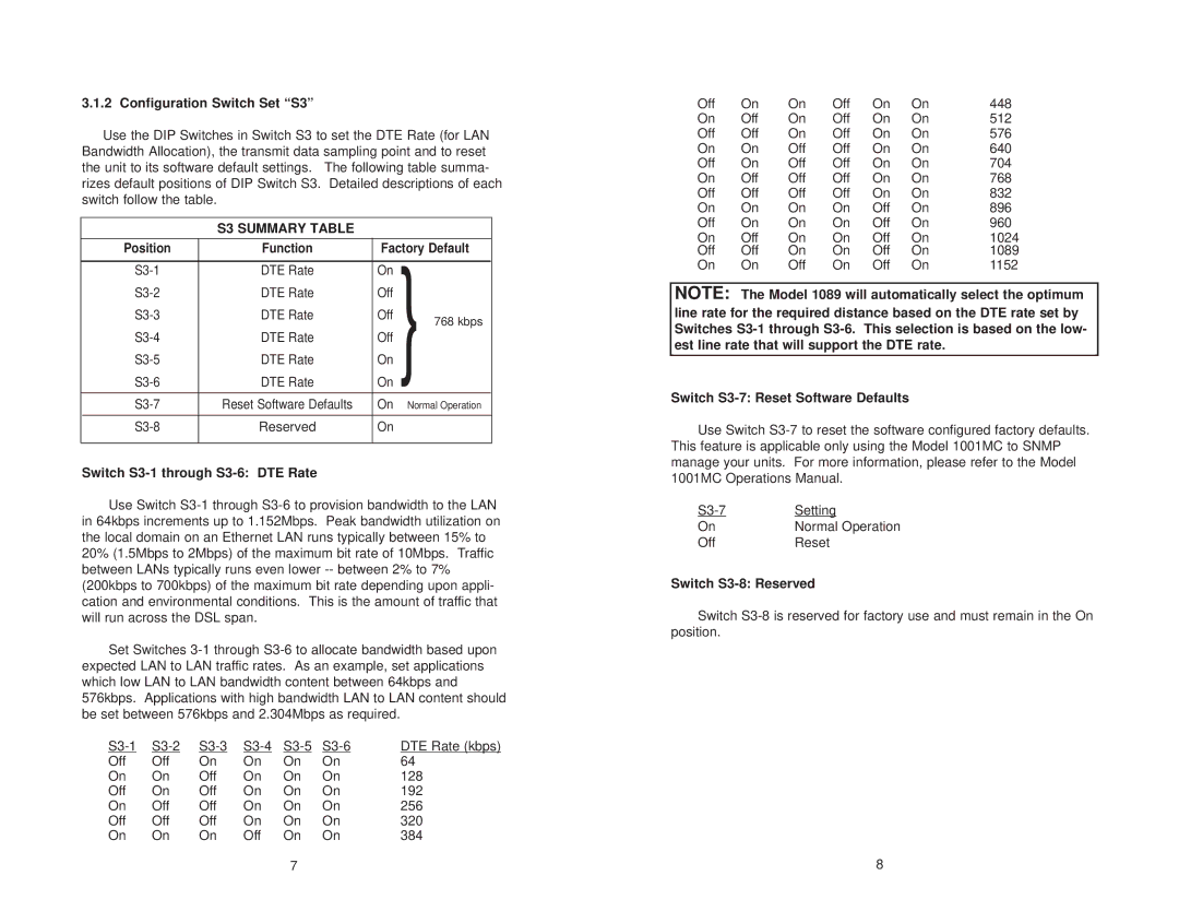 Patton electronic 1089/I user manual Configuration Switch Set S3, S3 Summary Table, Switch S3-1 through S3-6 DTE Rate 