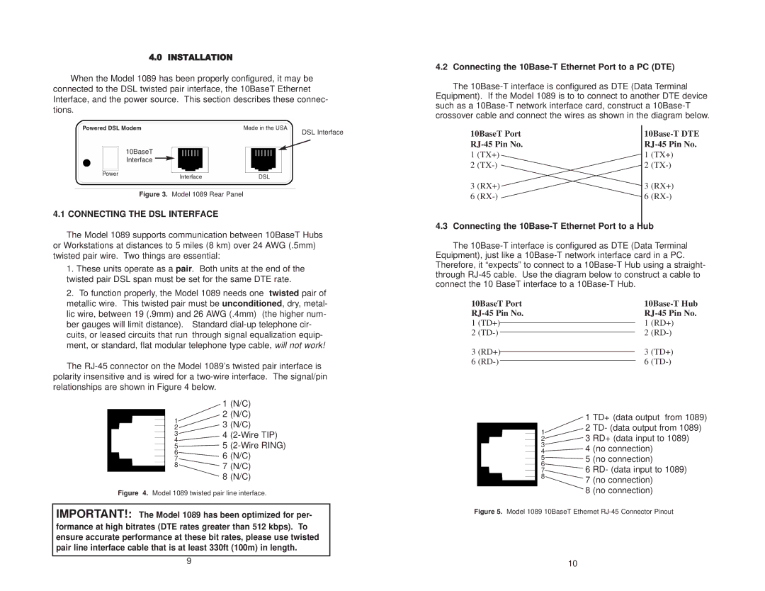 Patton electronic 1089/I user manual Connecting the 10Base-T Ethernet Port to a PC DTE, Connecting the DSL Interface 