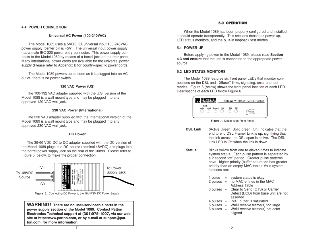 Patton electronic 1089/I user manual Power Connection, Power-Up, LED Status Monitors 